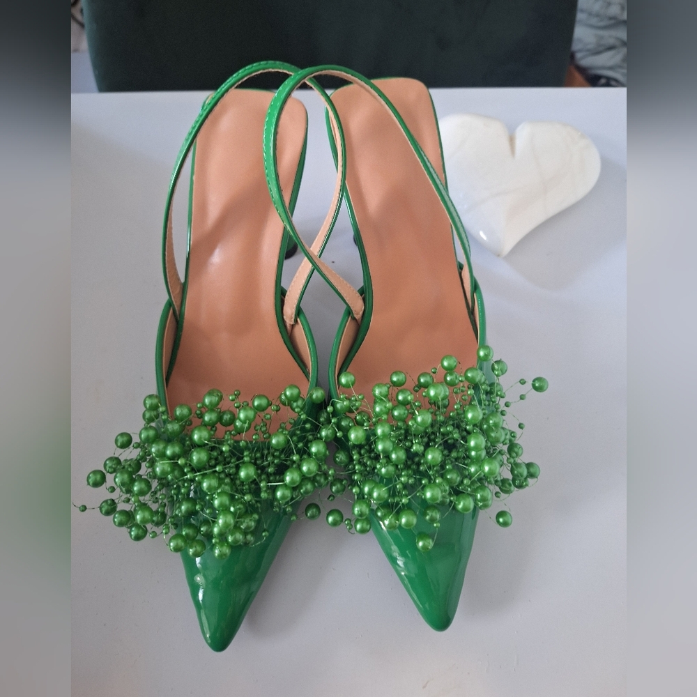 Green Embellished Pointed Toe Slingback Heels